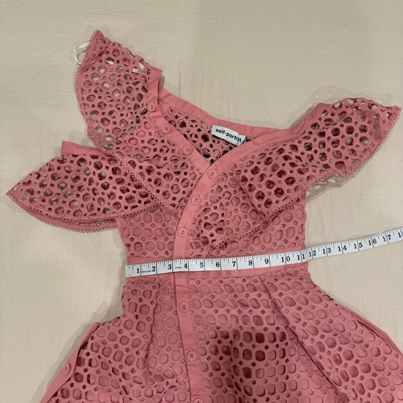 Self-Portrait | Lace Frill Asymmetric Cold-Shoulder Fit & Flare Pink Mini Dress - Picture 11 of 16
